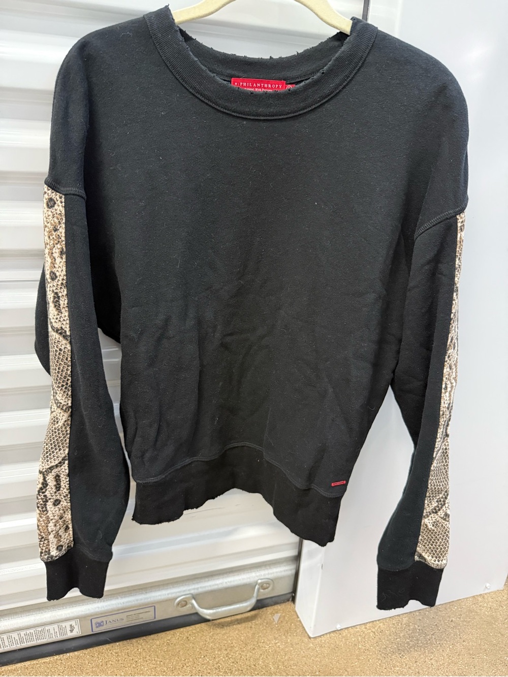 Philanthropy Black Crewneck Sweatshirt with Snake-Print Sleeve Panels